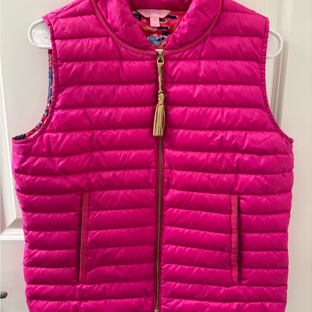Lilly Pulitzer Cora Pink Magenta Puffer Vest with Gold Zipper Style 23721